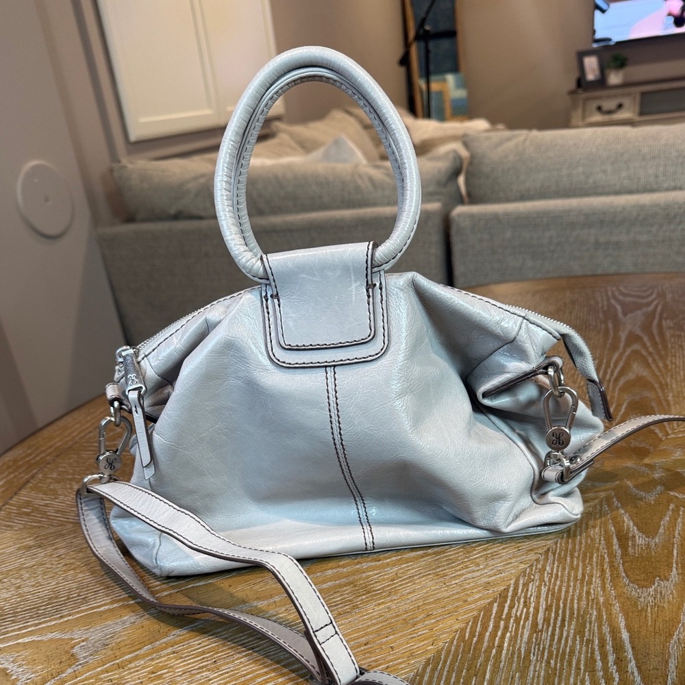 Hobo Sheila Leather Satchel Bag Light Gray Circular Handle Crossbody